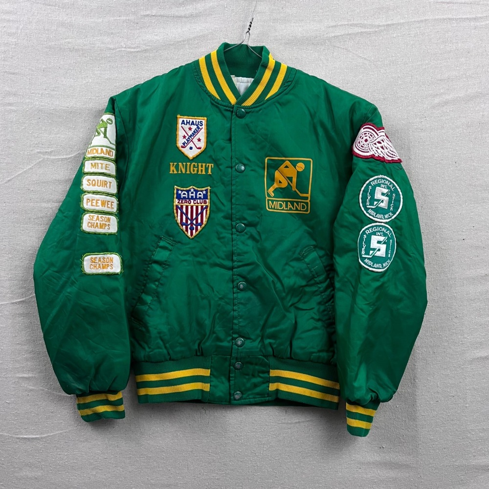 C&M Sportswear Varsity Jacket Youth L Green Good Midland Hockey Patches‎ Vintage